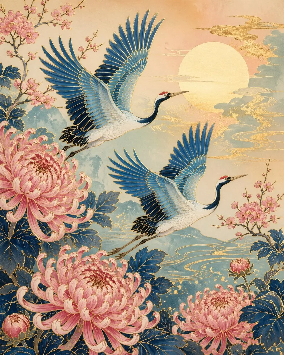 Japanese Crane and Chrysanthemum Art reference