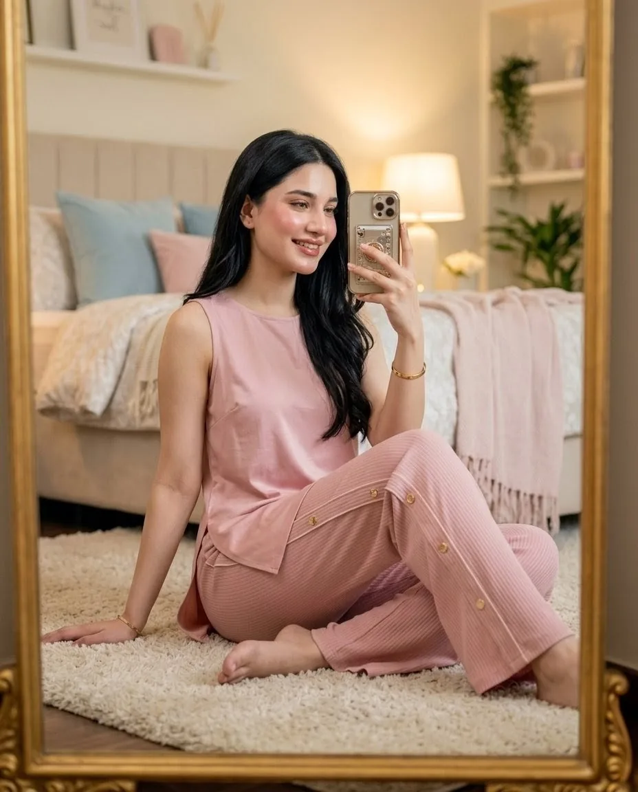 Pink Lounge Set Mirror Selfie reference