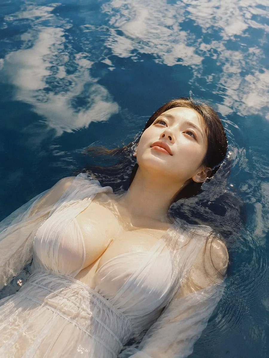 Woman Floating in Reflective Water reference