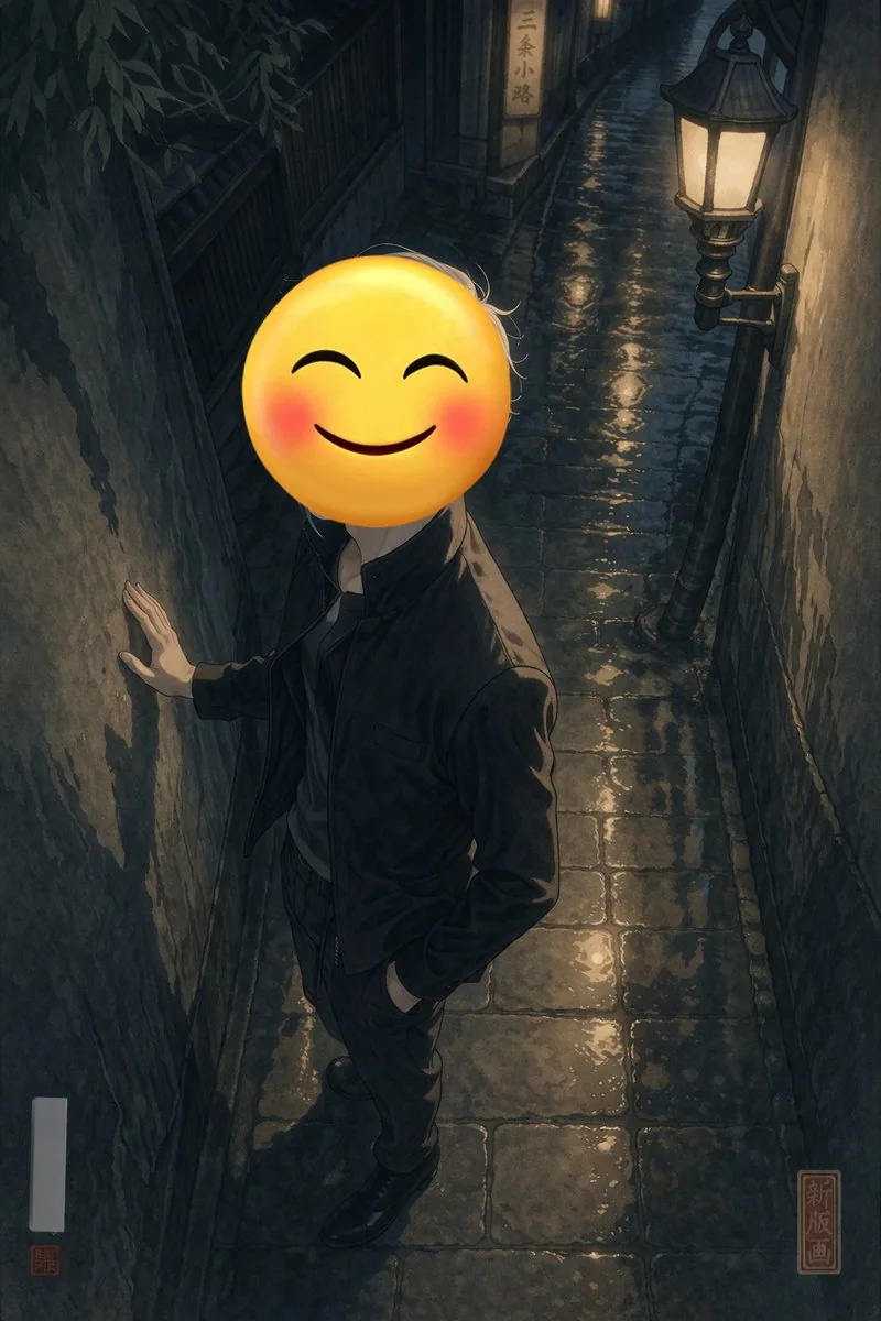 Emoji-Faced Figure in Wet Night Alley reference