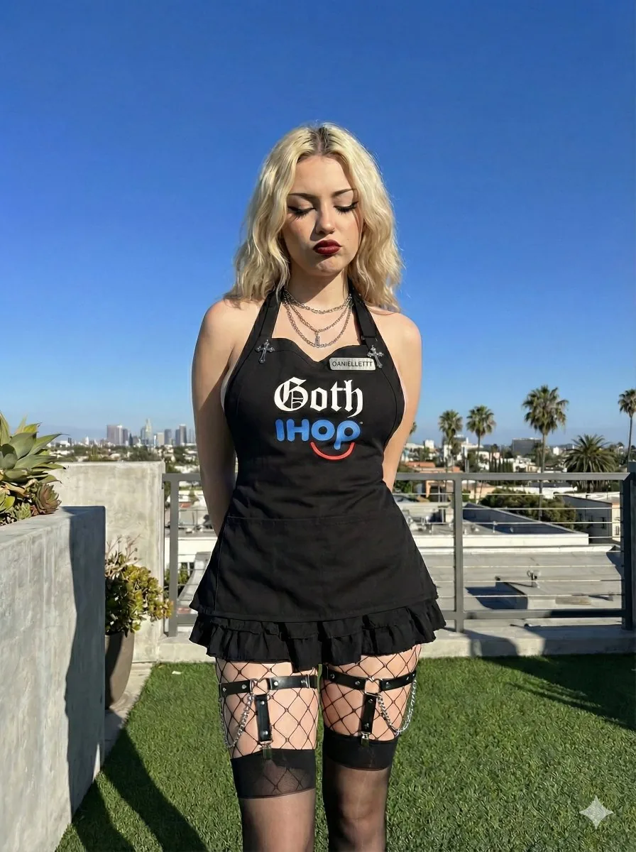 Goth IHOP Waitress Prompt: Rooftop Terrace Scene - Nano Banana Pro AI Prompt for Social Media Post reference