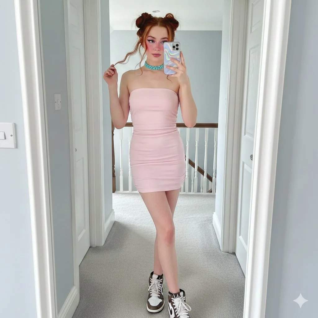 Sadie Sink E-Girl Mirror Selfie Prompt - Nano Banana Pro AI Prompt for Social Media Post reference