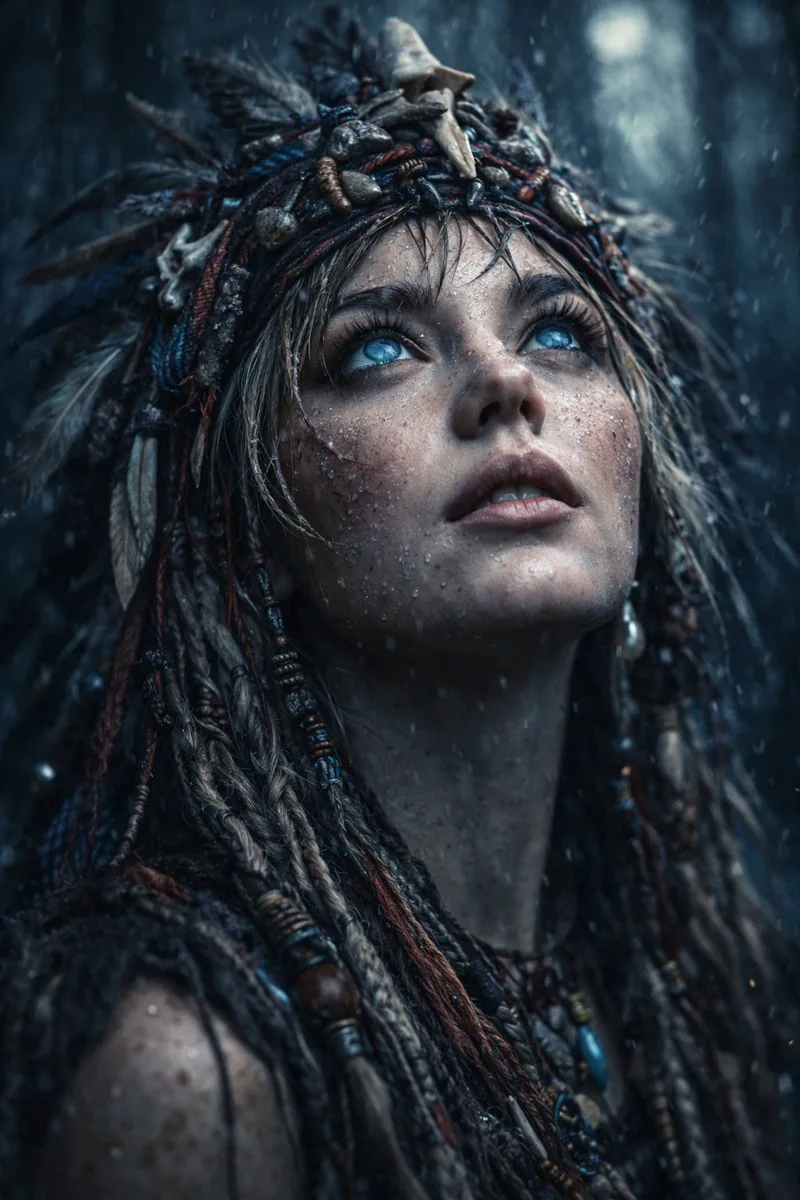 Ultra-Realistic Cinematic Close-up of Tribal Warrior Woman reference
