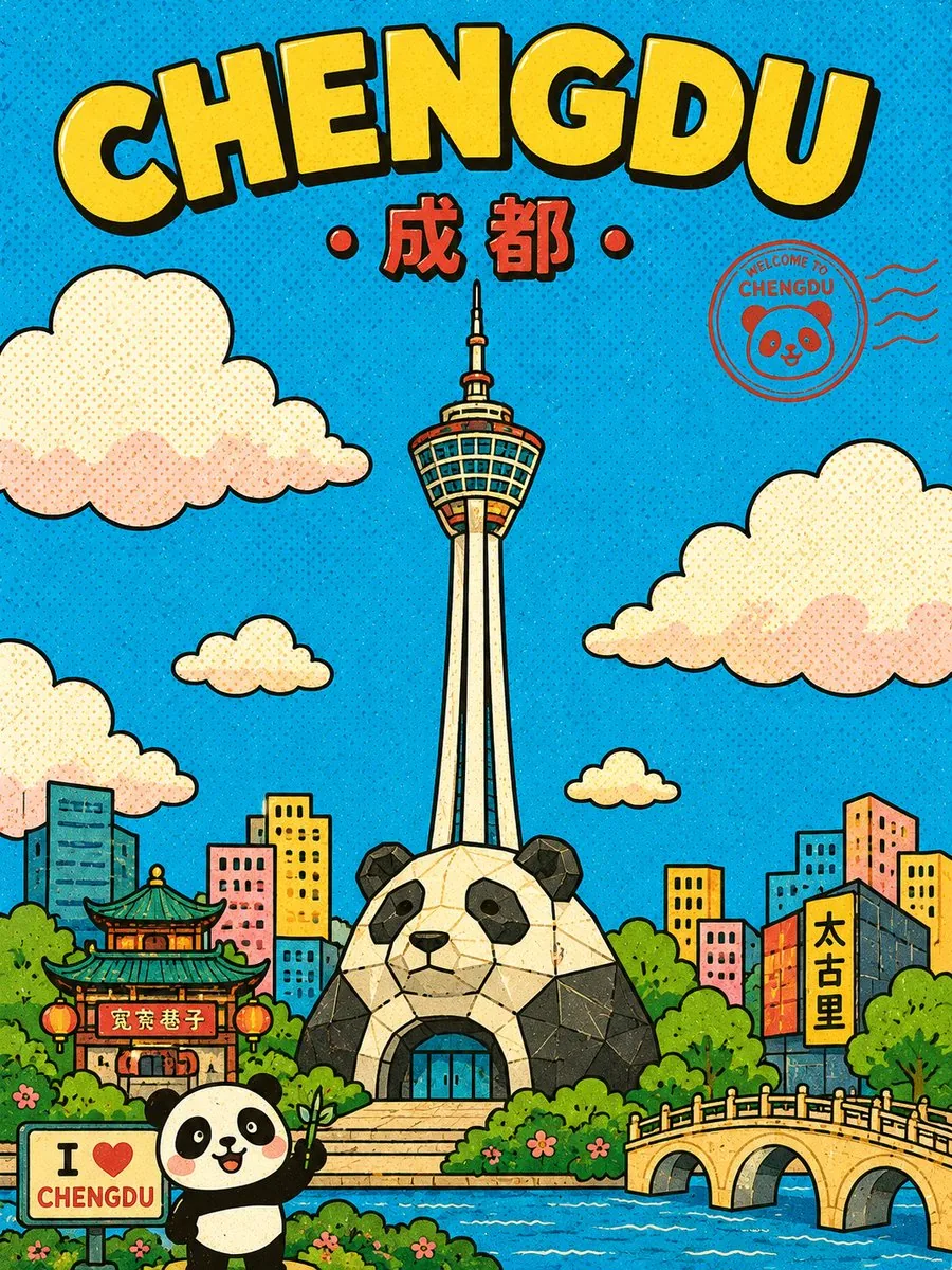 Cute Retro Chengdu Cartoon Poster reference