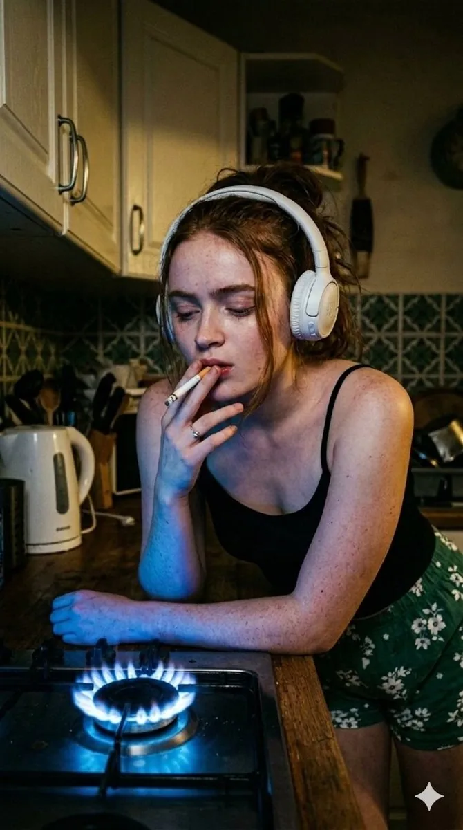 Moody Cinematic Portraits in a Kitchen with Neon Gas Stove Glow (4.4) - Nano Banana Pro AI Prompt for Social Media Post reference