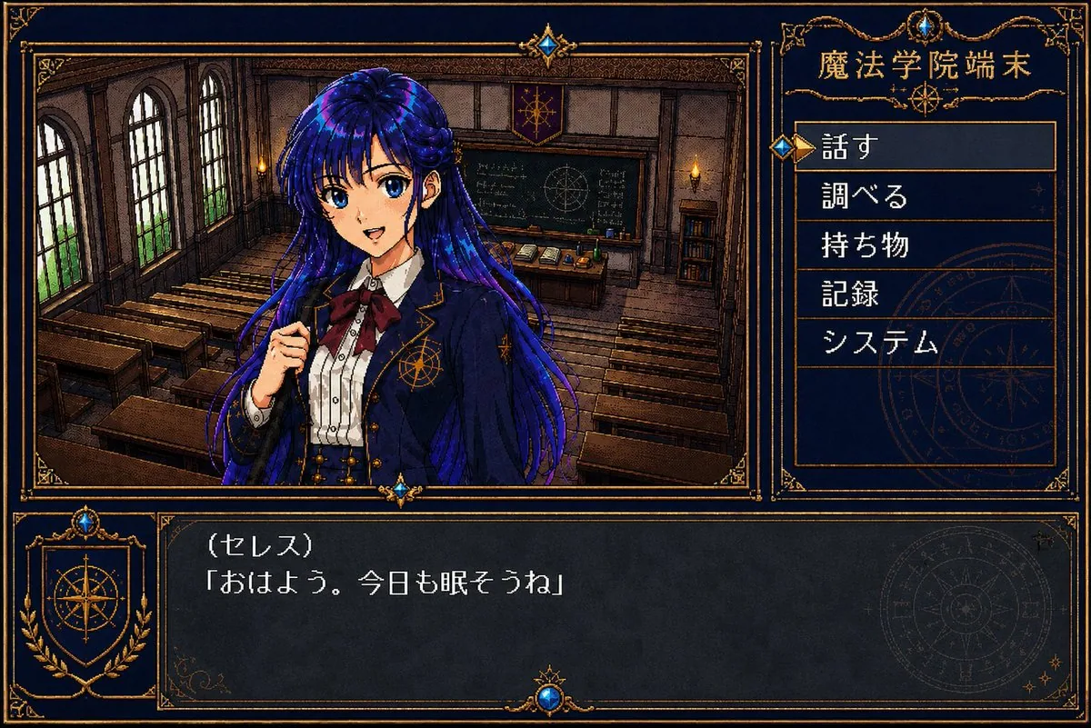 Retro Magic Academy Visual Novel UI reference