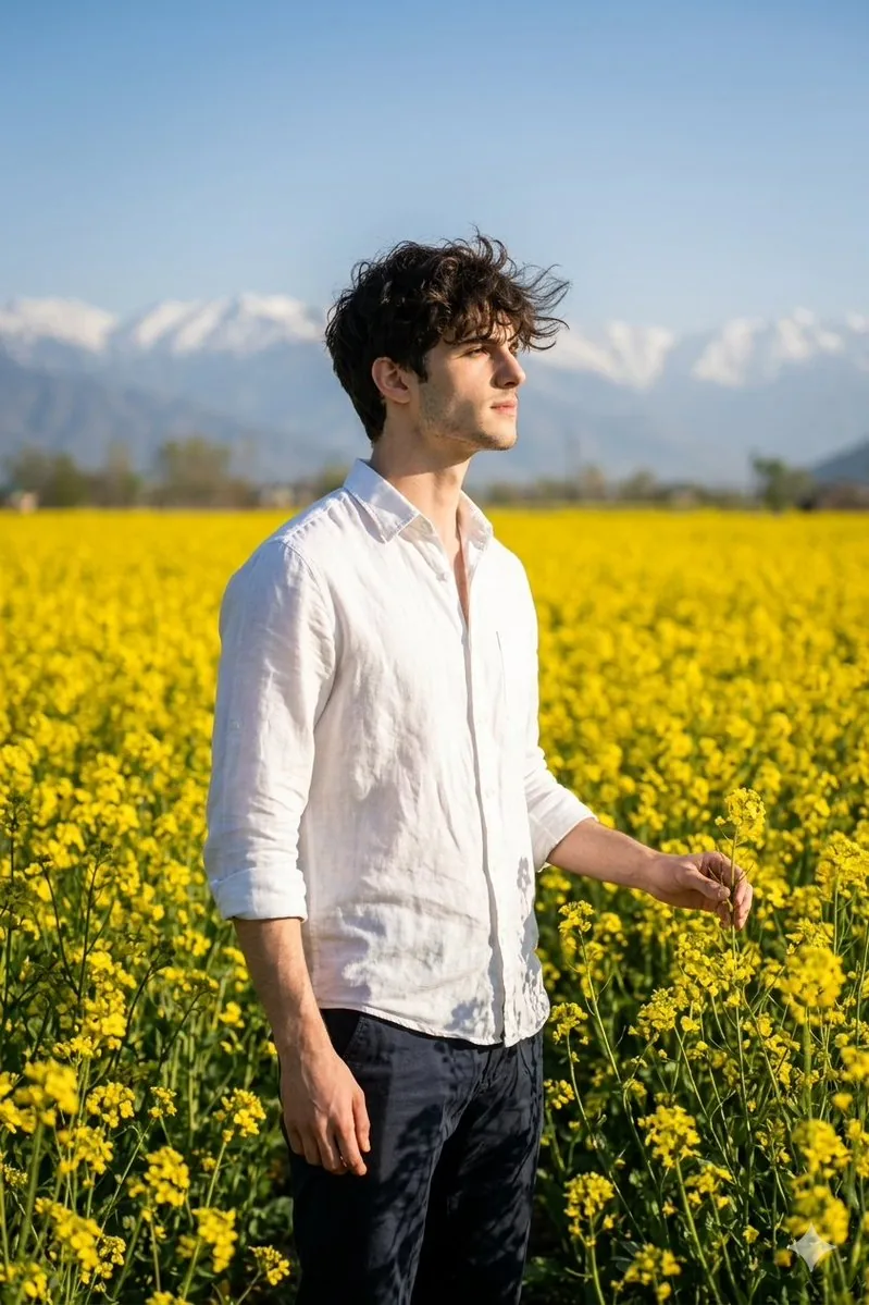 Cinematic Portrait in Kashmir Mustard Field - Nano Banana Pro AI Prompt for Social Media Post reference
