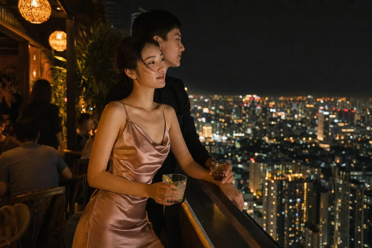 Rooftop Bar Night Cityscape Couple reference