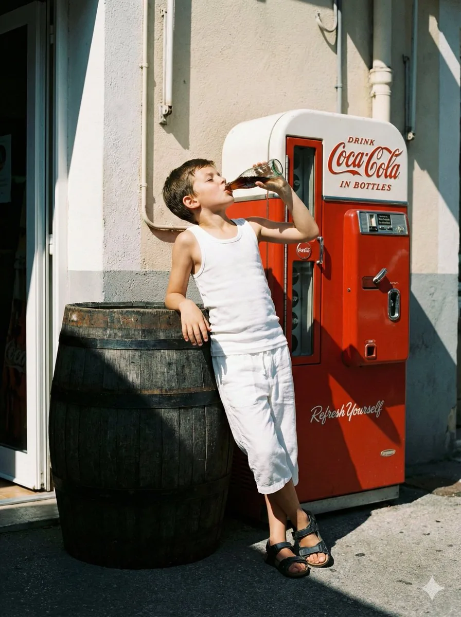 Nostalgic Film Photo of Boy by Coca-Cola Vending Machine - Nano Banana Pro AI Prompt for Social Media Post reference