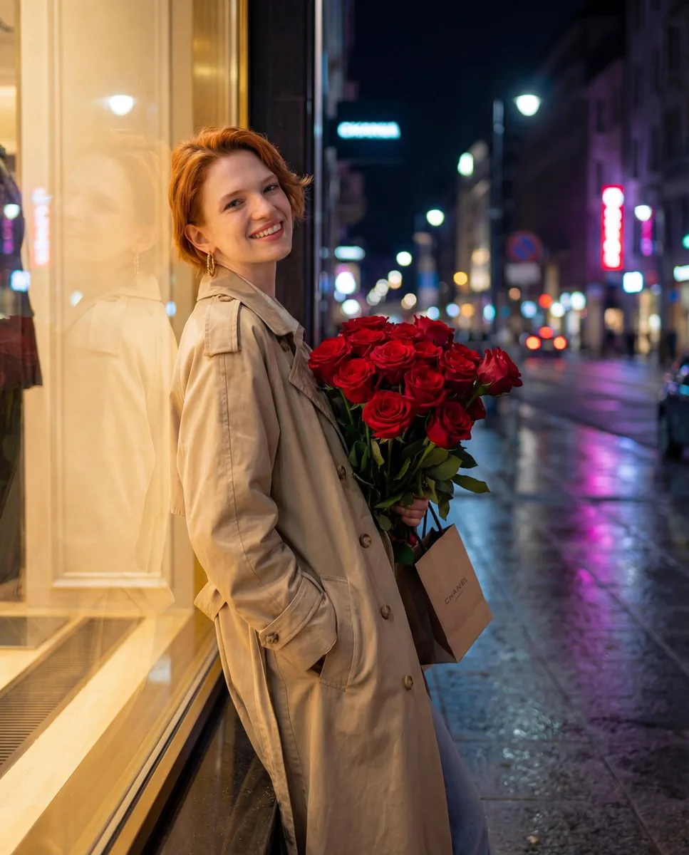 Candid Night-Time Street Style Photo with Roses reference