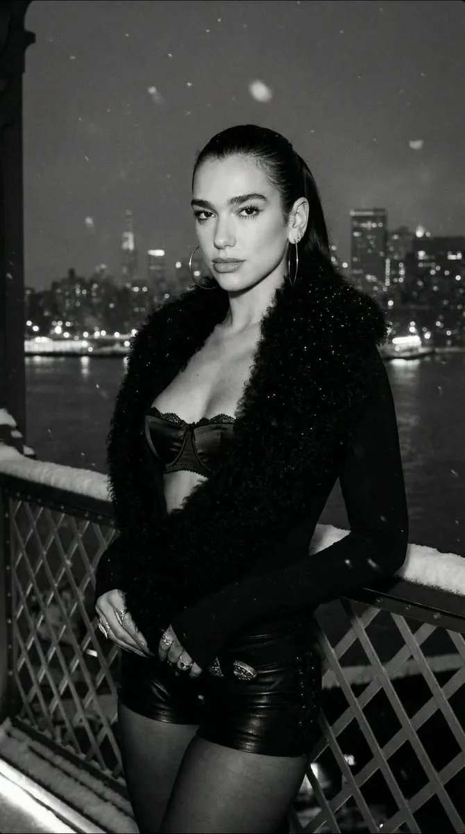 Dua Lipa Black and White Cinematic Editorial Prompt - Nano Banana Pro AI Prompt for Social Media Post reference