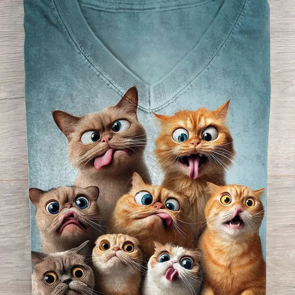 Cartoon Cat Group T-Shirt Mockup - Nano Banana Pro AI Prompt for E-commerce Main Image reference