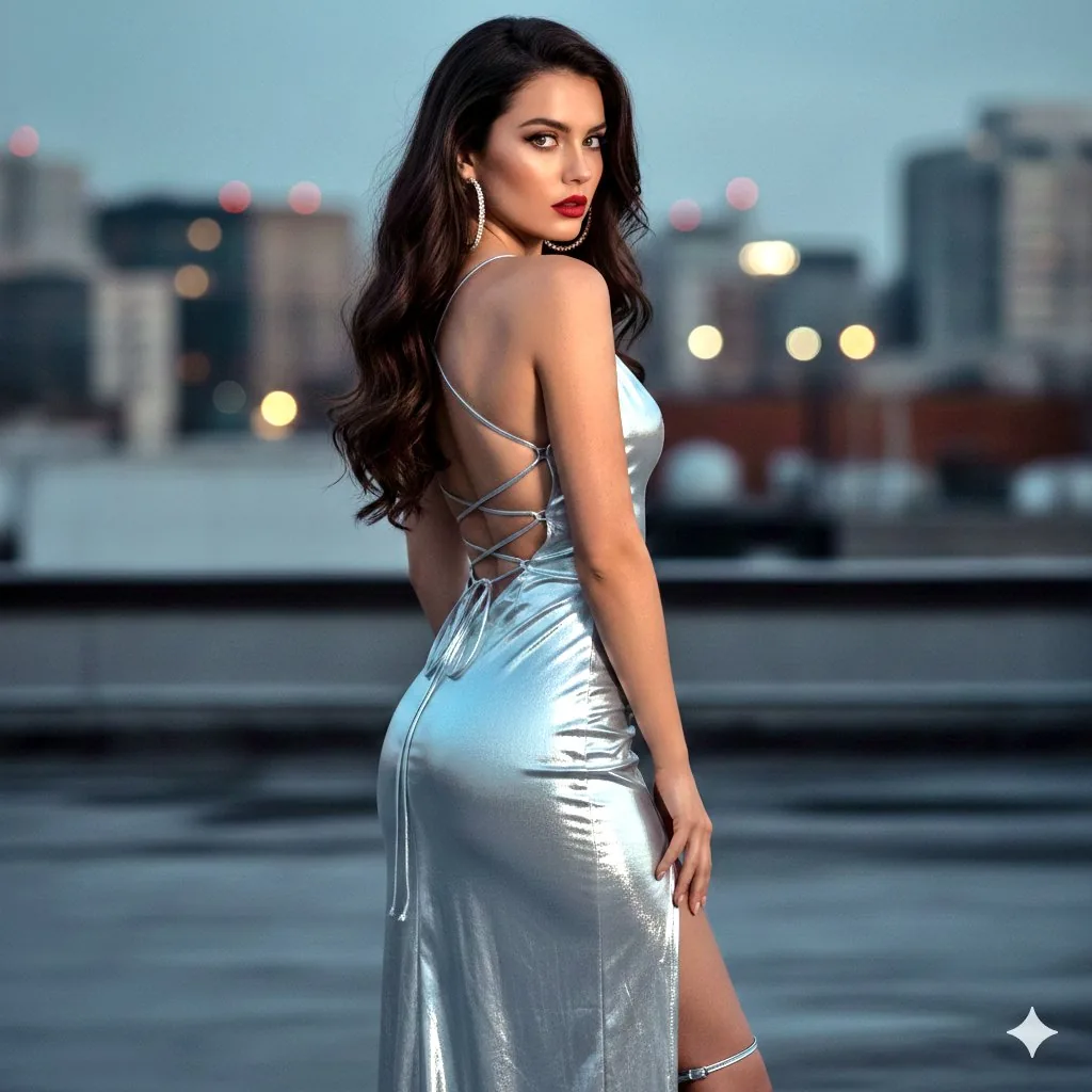 Cinematic Night Portrait in Silver Liquid Dress - Nano Banana Pro AI Prompt for Social Media Post reference