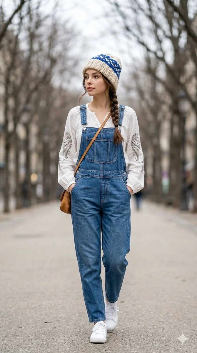 Street Fashion Walk in Denim Overalls - Nano Banana Pro AI Prompt for Product Marketing reference