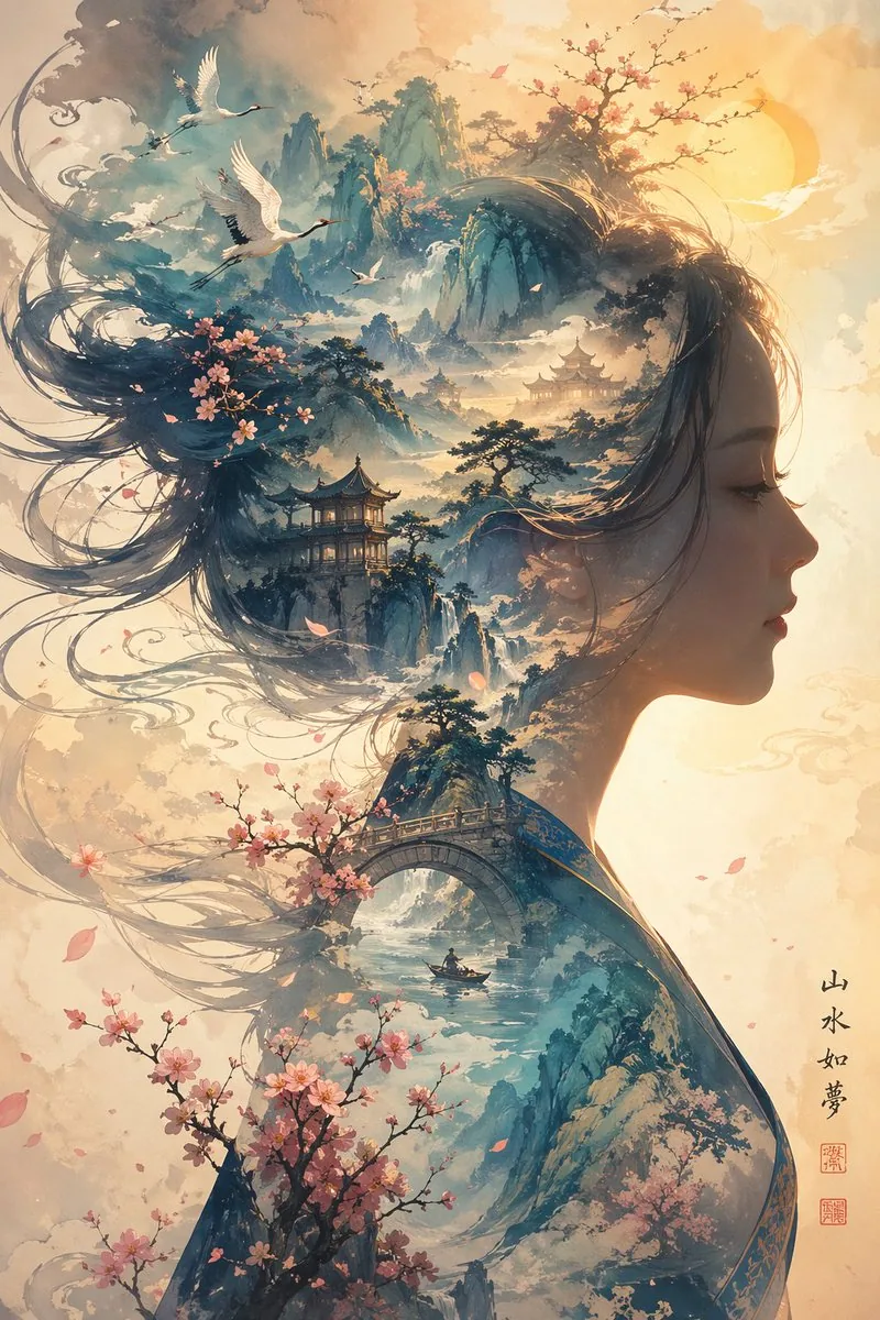 Dreamlike Shanshui Woman Silhouette reference