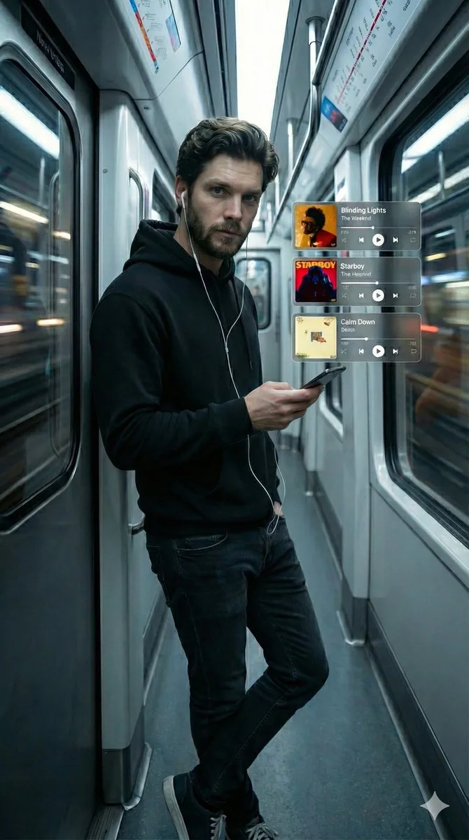Cinematic Subway Portrait with Holographic Music UI - Nano Banana Pro AI Prompt for Social Media Post reference
