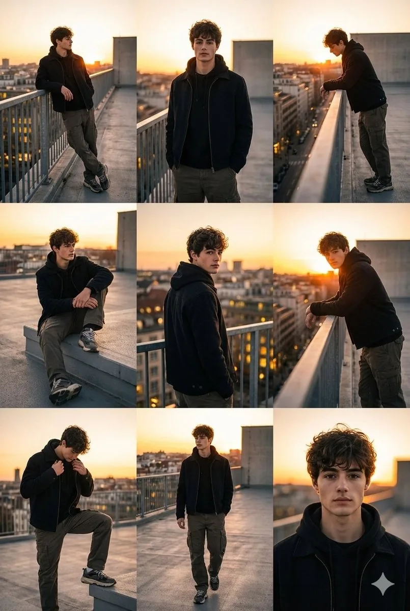 3x3 Cinematic Fashion Collage on a Rooftop at Sunset - Nano Banana Pro AI Prompt for Social Media Post reference