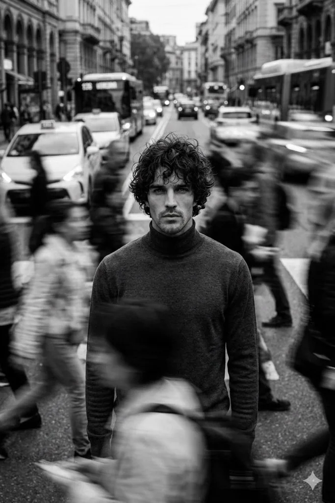 Cinematic Black and White Portrait in a Crowd reference