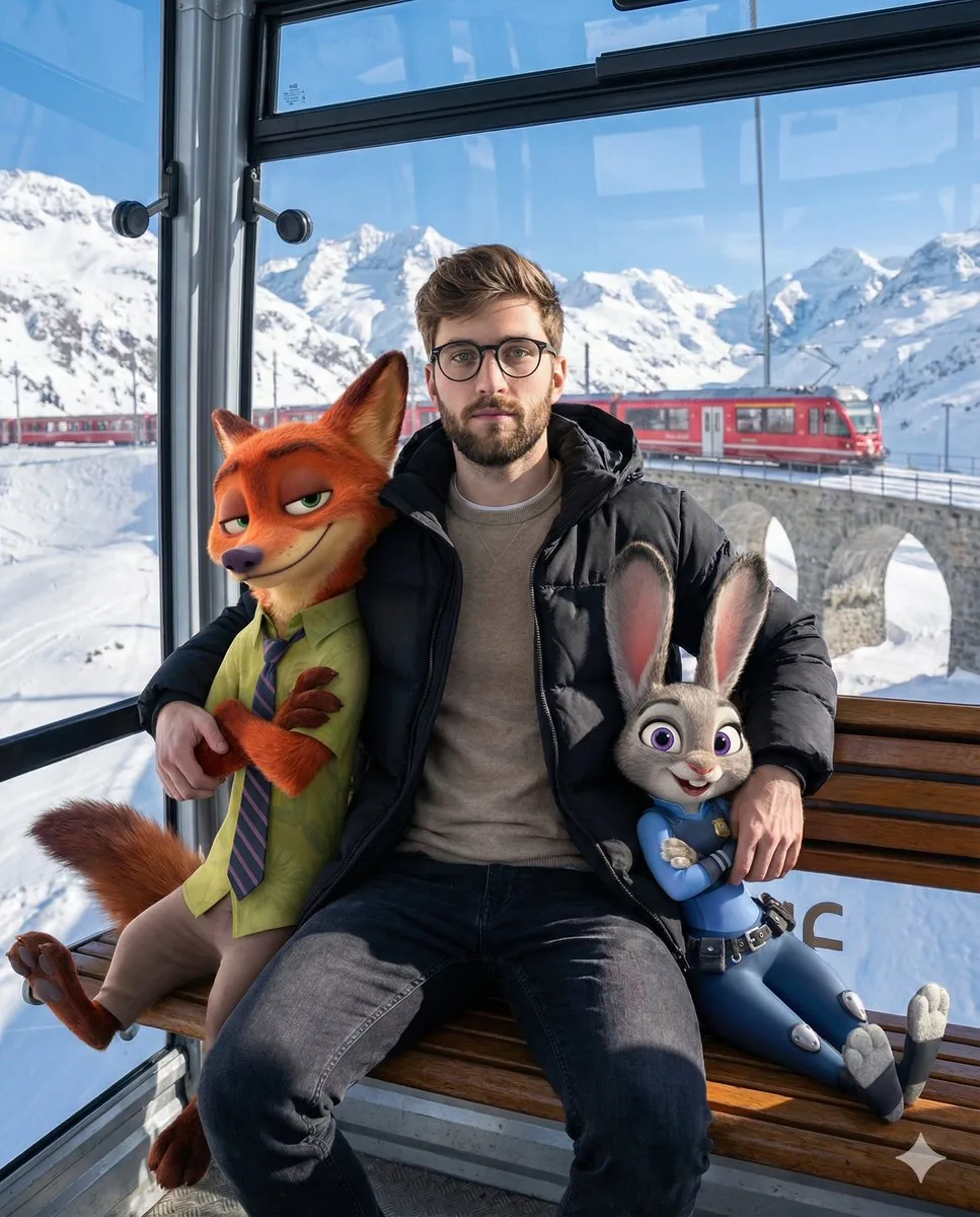 Cozy Winter Cable Car Scene with Zootopia Characters - Nano Banana Pro AI Prompt for Social Media Post reference