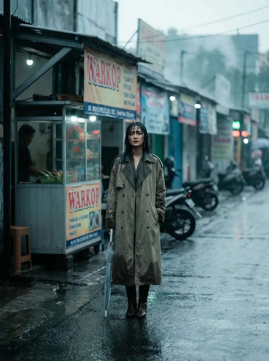 Rainy Indonesian Warkop Fashion Editorial Prompt reference