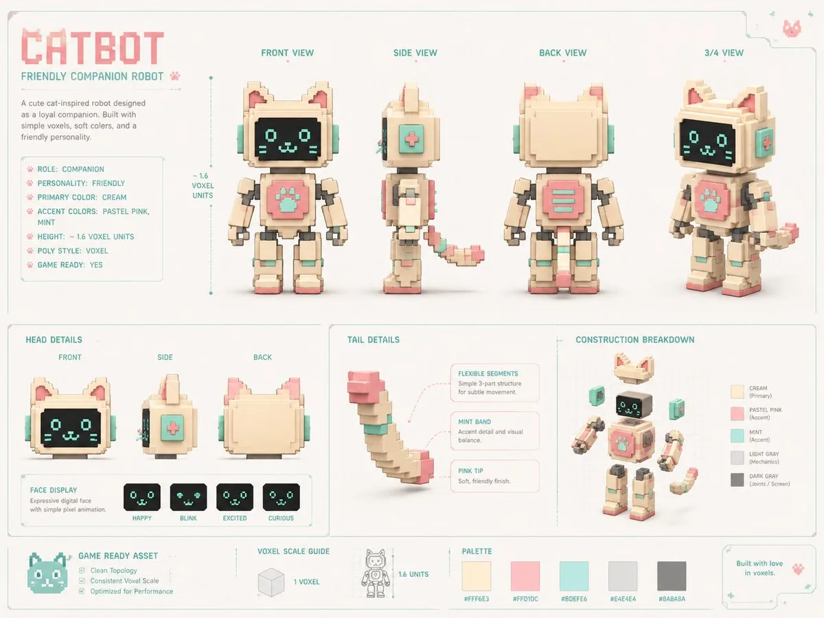 Voxel Cat Robot Concept Sheet reference