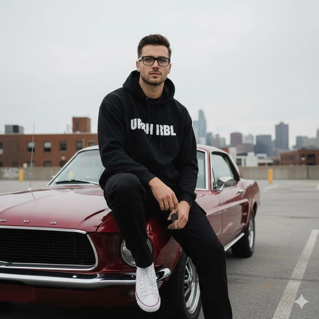 Urban Lifestyle Portrait on Vintage Muscle Car Prompt reference