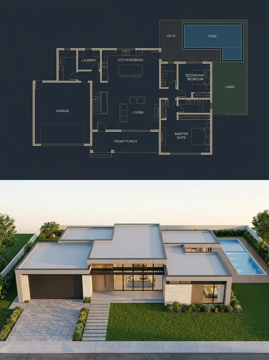 Split Blueprint and Modern House Render reference