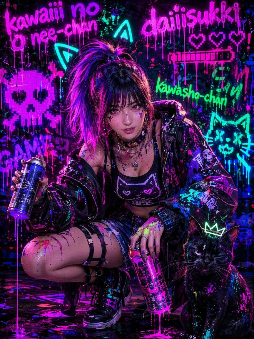 Neon Punk Graffiti Girl and Cat reference