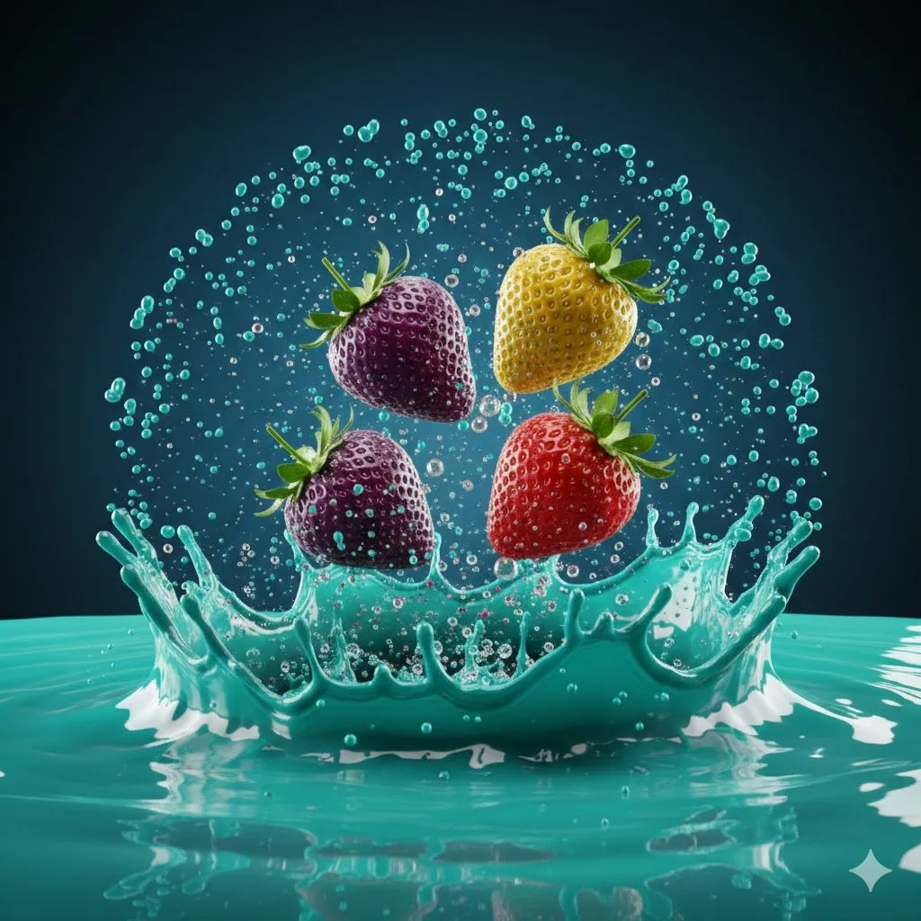 Hyper-realistic Strawberries Splashing in Liquid Prompt reference