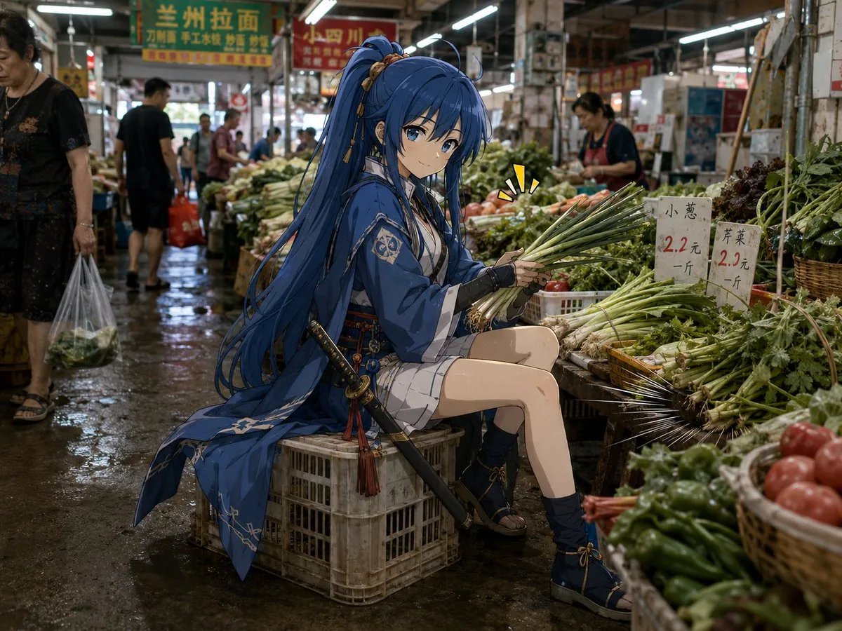 Anime Swordswoman in Wet Market