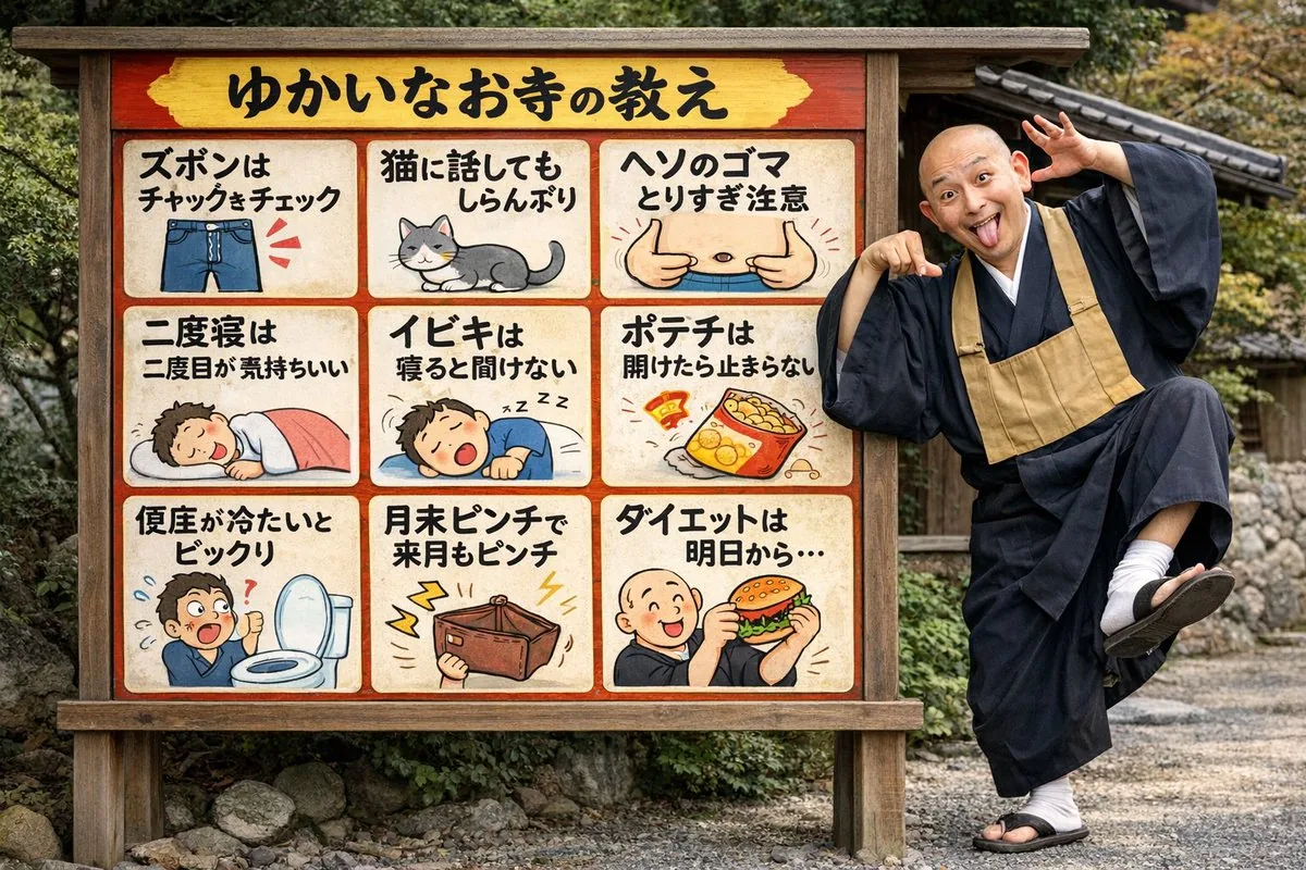 Humorous Temple Signboard with Goofy Monk reference