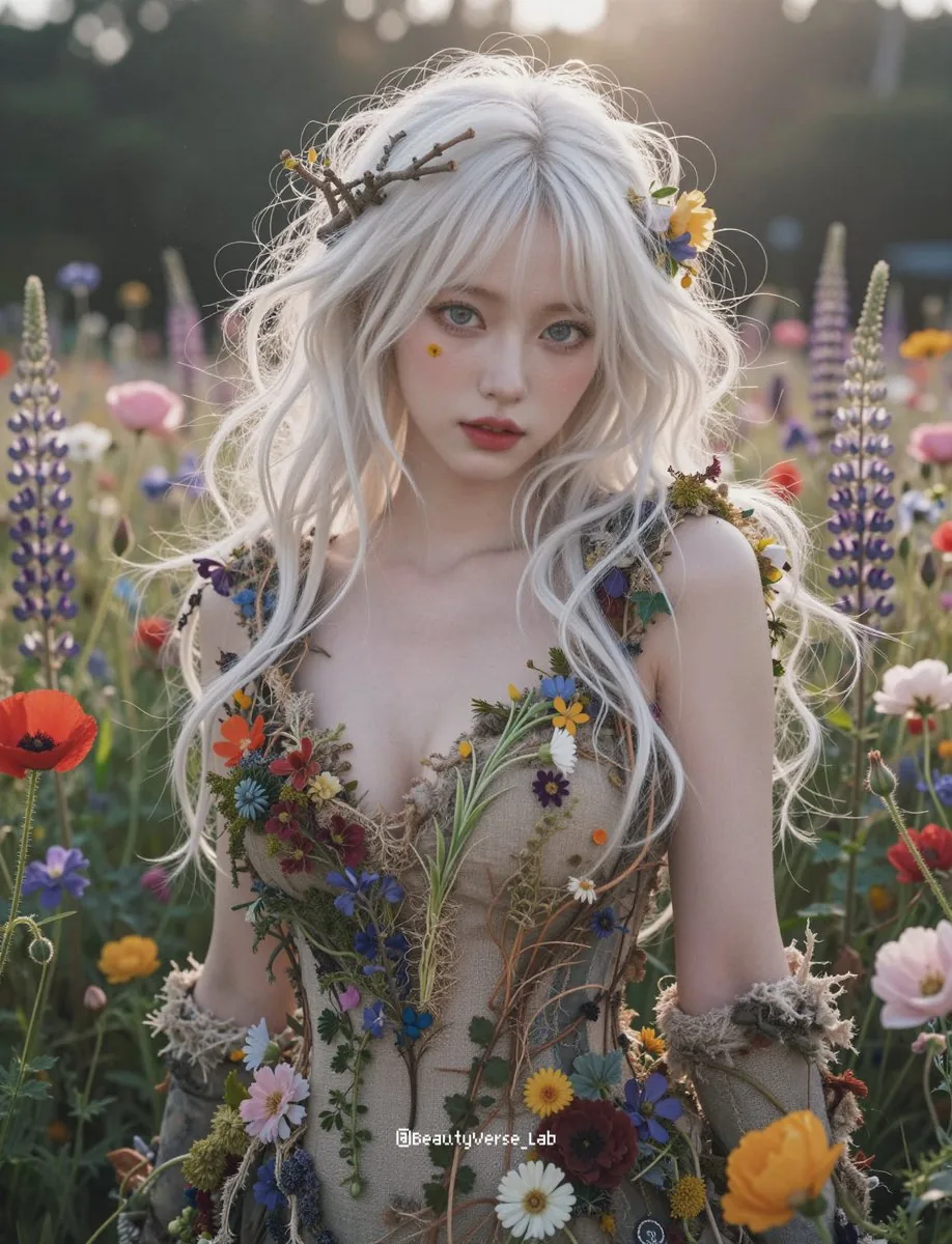 JSON Prompt for Ethereal Flower Field Fantasy Portrait - Nano Banana Pro AI Prompt for Social Media Post reference