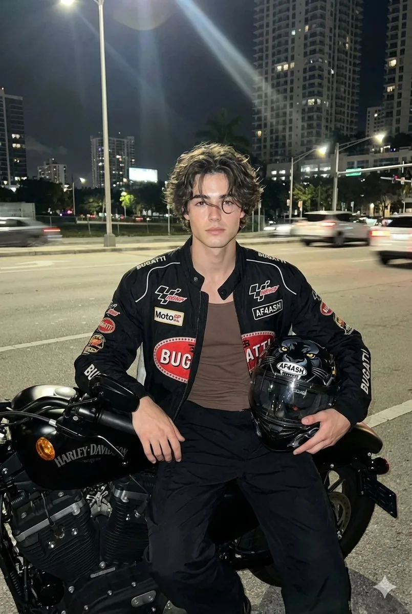 Nighttime Motorcycle Photo with Face Replacement Prompt - Nano Banana Pro AI Prompt for Social Media Post reference