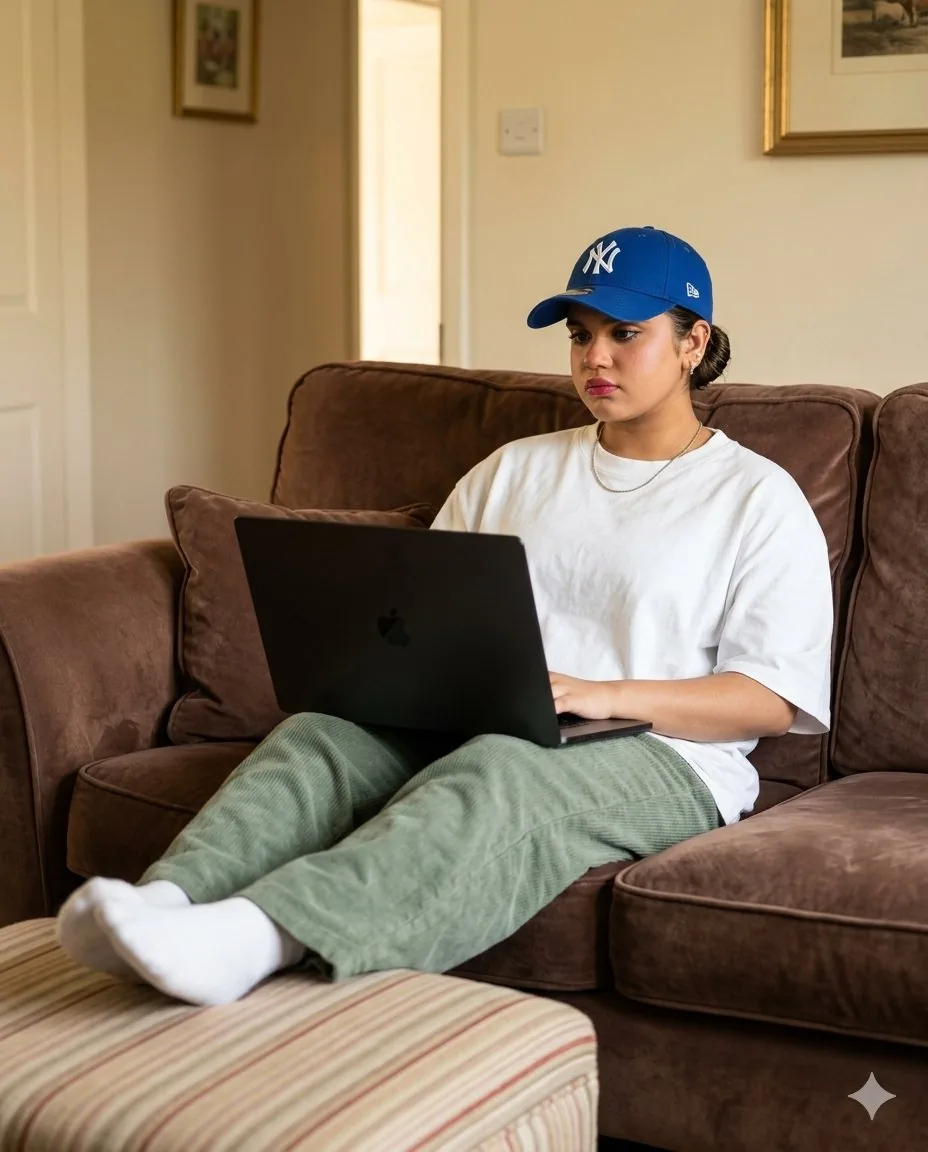 Cozy English Cottage Interior with Laptop - Nano Banana Pro AI Prompt for Product Marketing reference