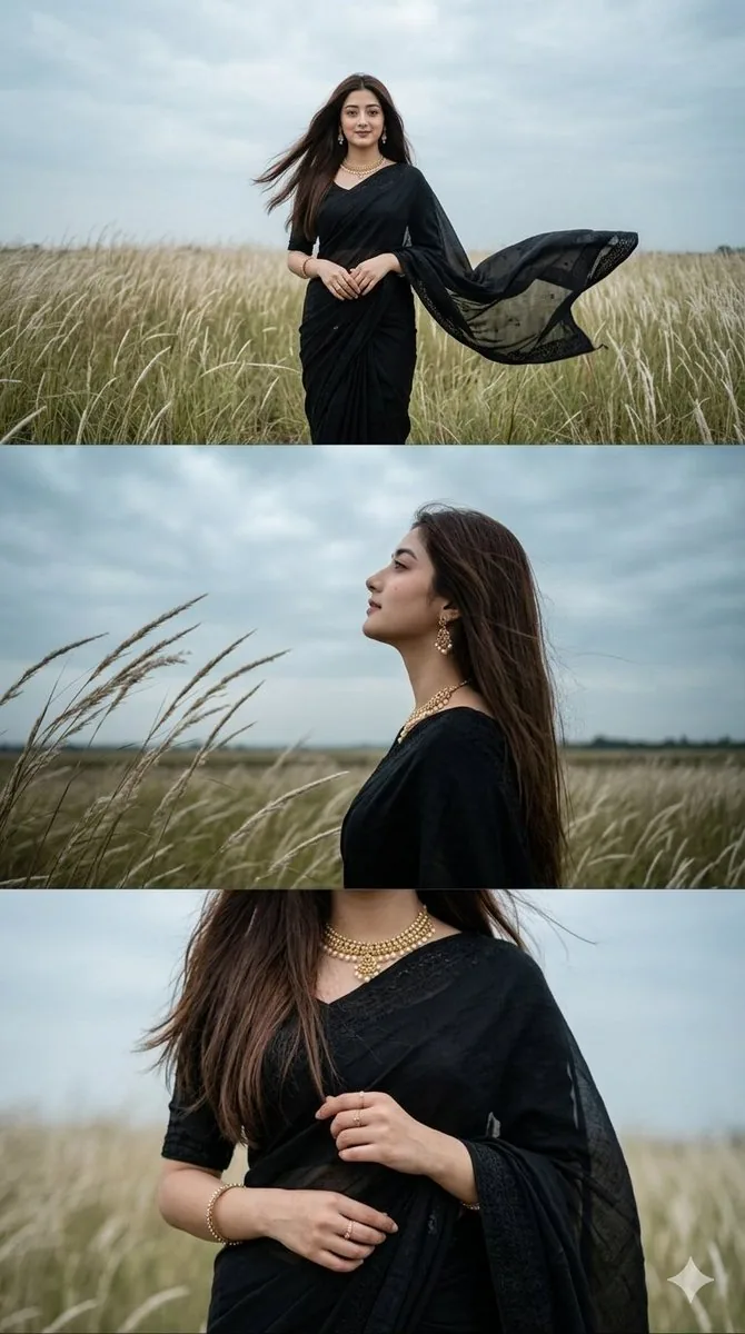 Black Saree Triptych Woman Portrait reference