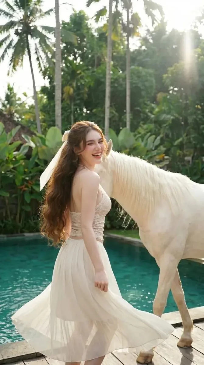 Poolside Woman and White Horse reference