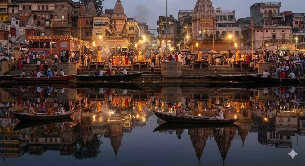 Varanasi ghats dual-timeline reflection scene - Nano Banana Pro AI Prompt reference