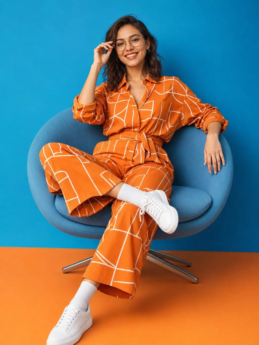 Patterned Orange Jumpsuit Fashion Lifestyle - Nano Banana Pro AI Prompt for Product Marketing reference