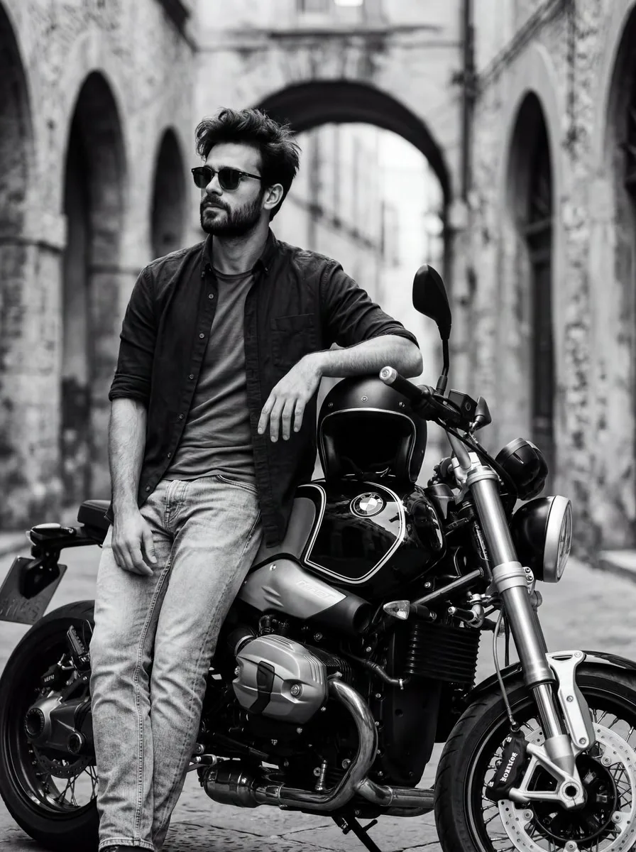 Black and White Cinematic Motorcycle Portrait - Nano Banana Pro AI Prompt for Product Marketing reference