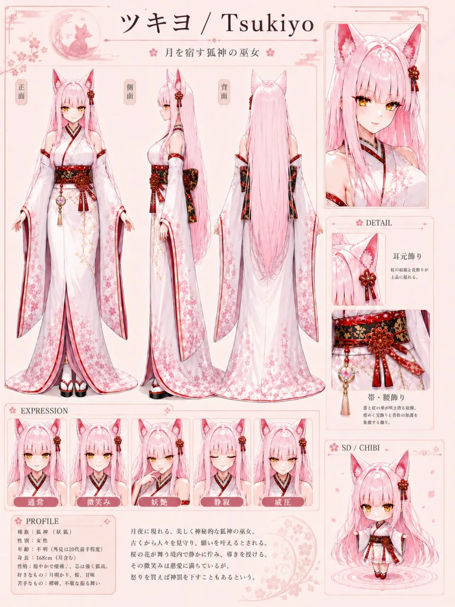 Tsukiyo Fox Shrine Maiden Reference Sheet reference