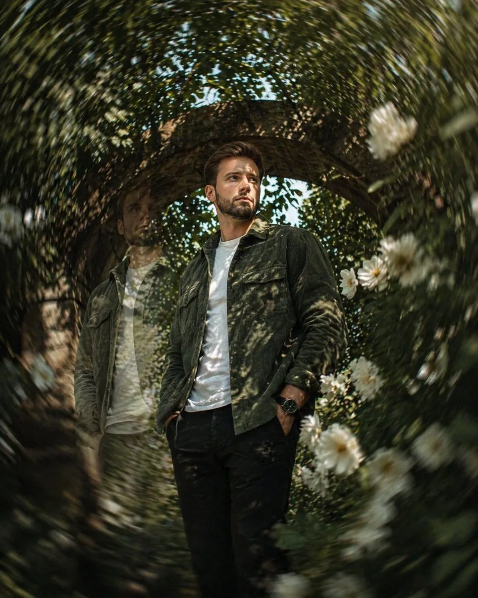 Cinematic surreal garden portrait prompt reference