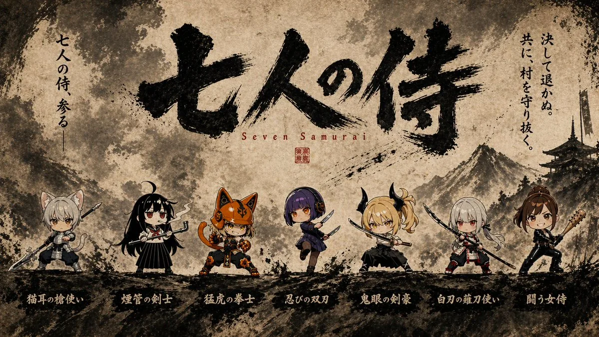 Seven Chibi Samurai Ink Poster reference