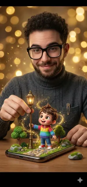 Surreal Cinematic Scene: Man Emerging from Phone with Tiny Cartoon Boy - Nano Banana Pro AI Prompt for Social Media Post