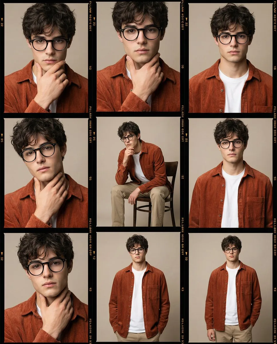 High-Fidelity Editorial Contact Sheet Portrait Session - Nano Banana Pro AI Prompt for Product Marketing reference