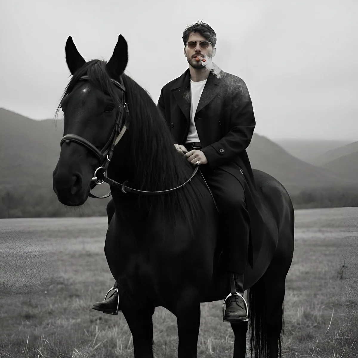 Cinematic Black and White Portrait Prompt of Man with Horse and Cigar - Nano Banana Pro AI Prompt for Social Media Post reference