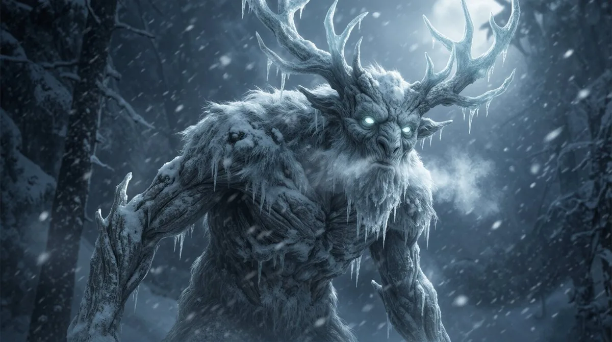 Dark Fantasy Winter Creature Emerging from a Blizzard reference