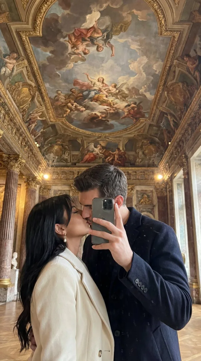 Ultra Photoreal Museum Mirror Kiss Selfie with Identity Lock - Nano Banana Pro AI Prompt for Social Media Post reference