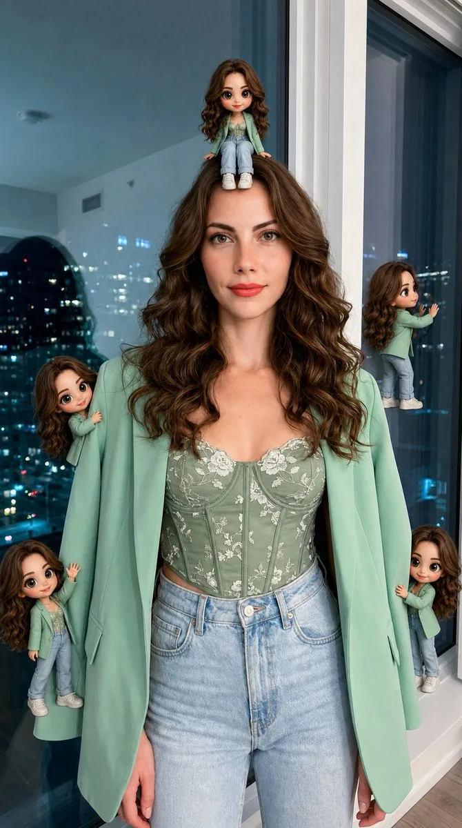 Hyper-Realistic Subject with Mini Chibi Clones reference