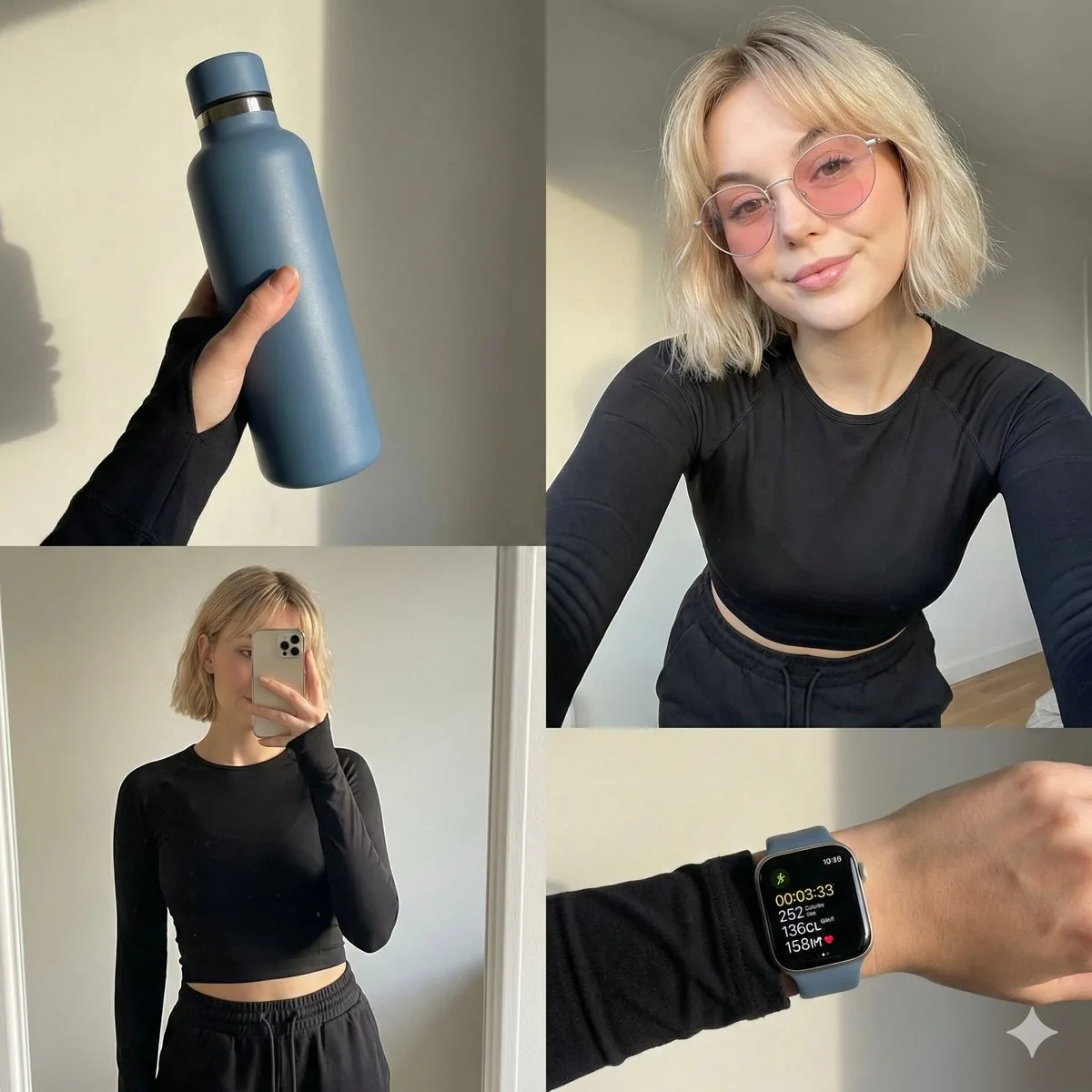 Four-grid lifestyle collage of an Asian woman in activewear, post-workout - Nano Banana Pro AI Prompt for Social Media Post reference