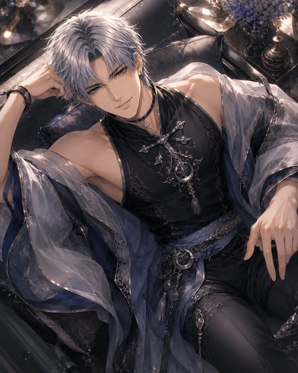 Silver-Haired Gothic Fantasy Reclining Man reference